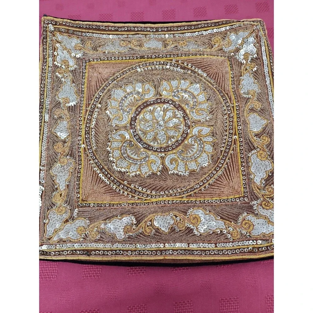 VTG Turkish Hand Beaded Embroidered Sequined Throw Pillow Cover Gold Boho